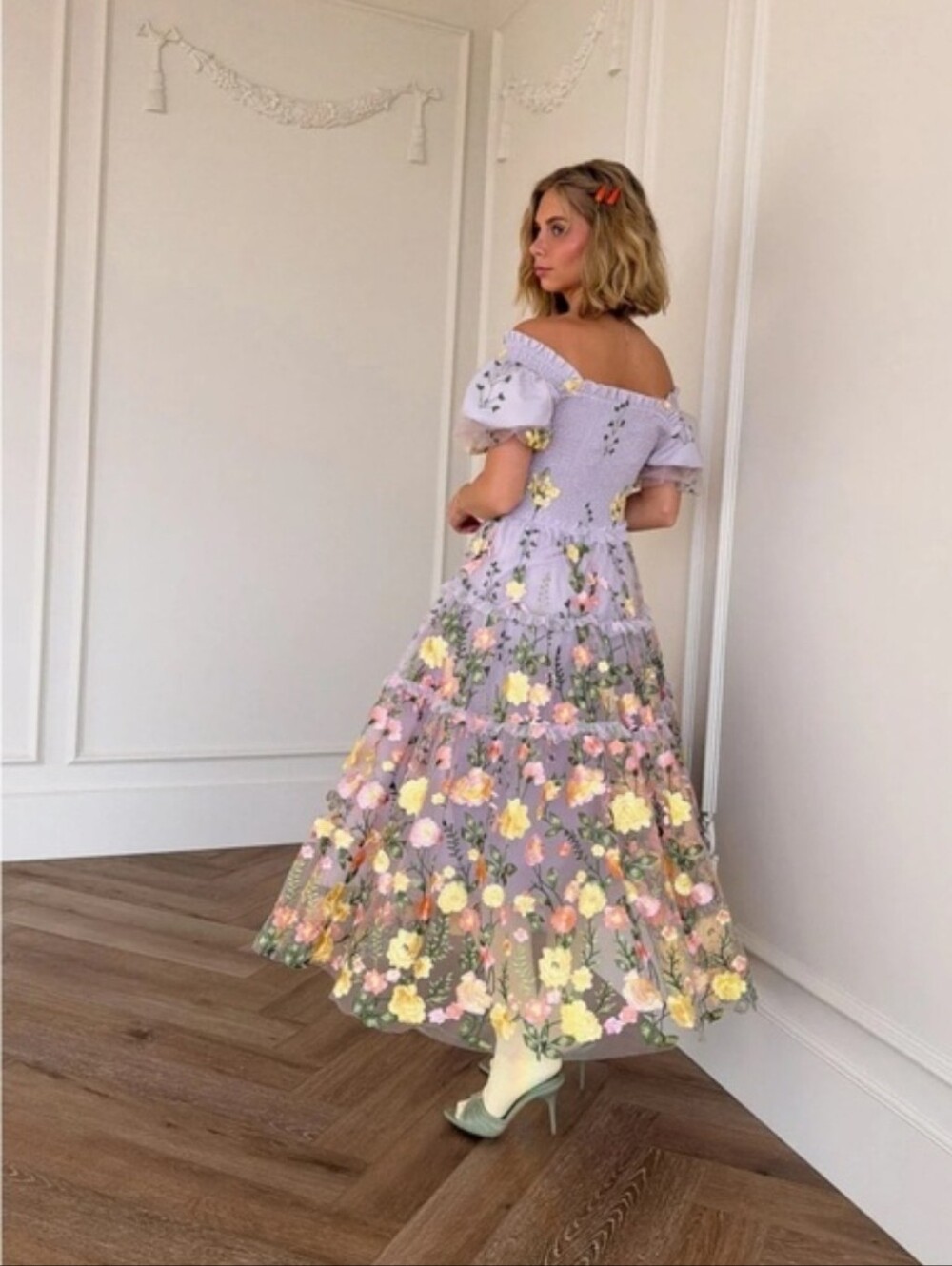 Jessakae Lavender Off-Shoulder Floral Embroidered Midi Dress
